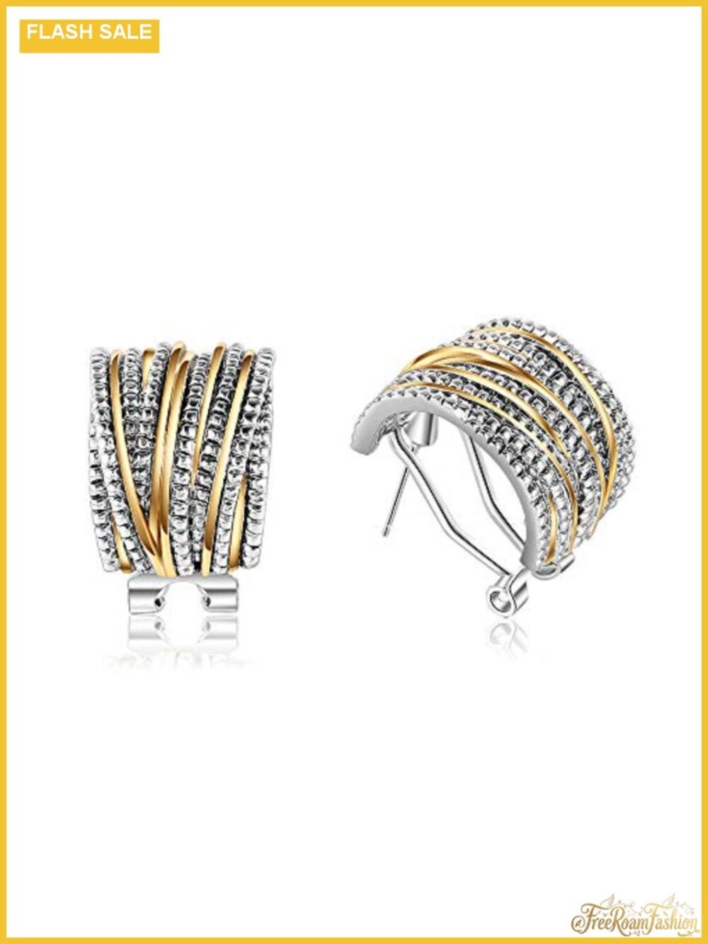 Two Tone Gold and Silver Crossover Half Hoop Stud Earrings